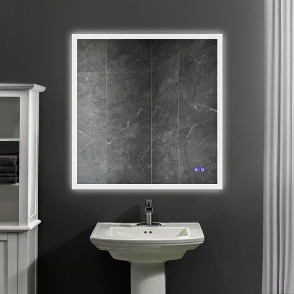 36 x 36 Inch Frameless LED Illuminated Bathroom Wall Mirror, Touch Button Defogger, Square, Silver - UPT-266397