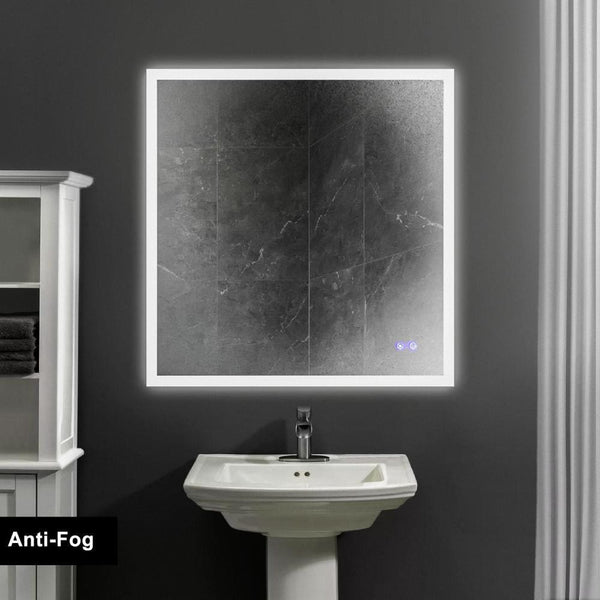 36 x 36 Inch Frameless LED Illuminated Bathroom Wall Mirror, Touch Button Defogger, Square, Silver - UPT-266397