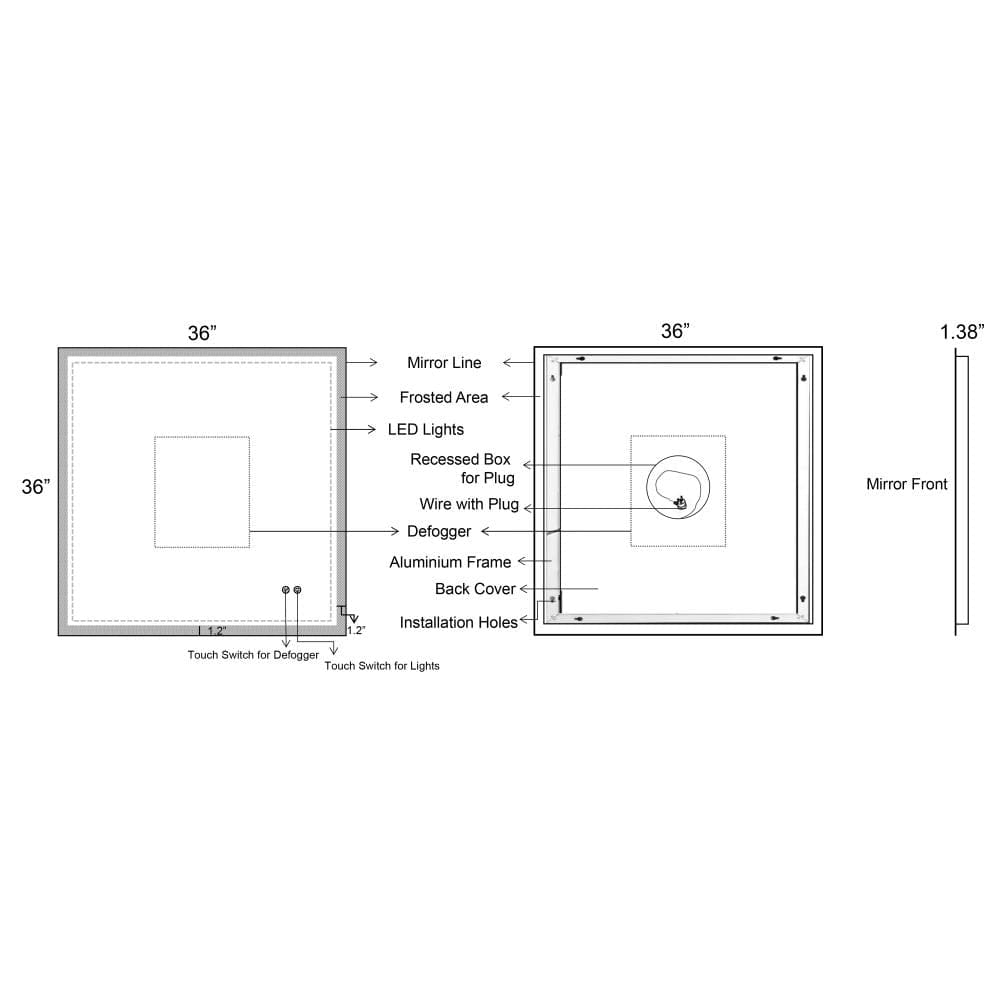 36 x 36 Inch Frameless LED Illuminated Bathroom Wall Mirror, Touch Button Defogger, Square, Silver - UPT-266397