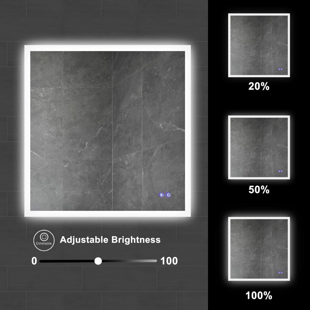 36 x 36 Inch Frameless LED Illuminated Bathroom Wall Mirror, Touch Button Defogger, Square, Silver - UPT-266397