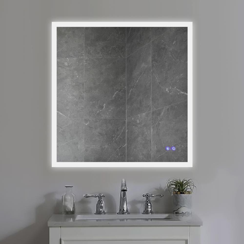 36 x 36 Inch Frameless LED Illuminated Bathroom Wall Mirror, Touch Button Defogger, Square, Silver - UPT-266397