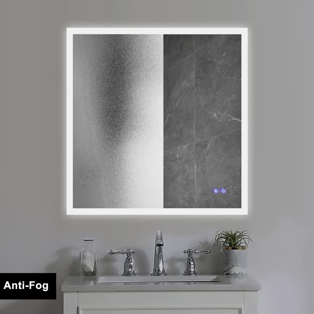 36 x 36 Inch Frameless LED Illuminated Bathroom Wall Mirror, Touch Button Defogger, Square, Silver - UPT-266397