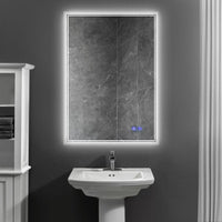 24 x 36 Inch Frameless LED Illuminated Bathroom Wall Mirror, Touch Button Defogger, Metal, Silver - UPT-266398