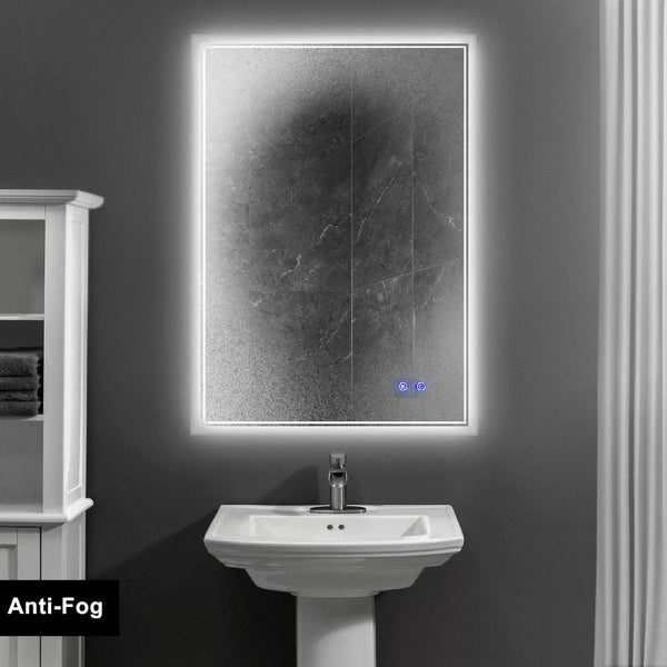 24 x 36 Inch Frameless LED Illuminated Bathroom Wall Mirror, Touch Button Defogger, Metal, Silver - UPT-266398