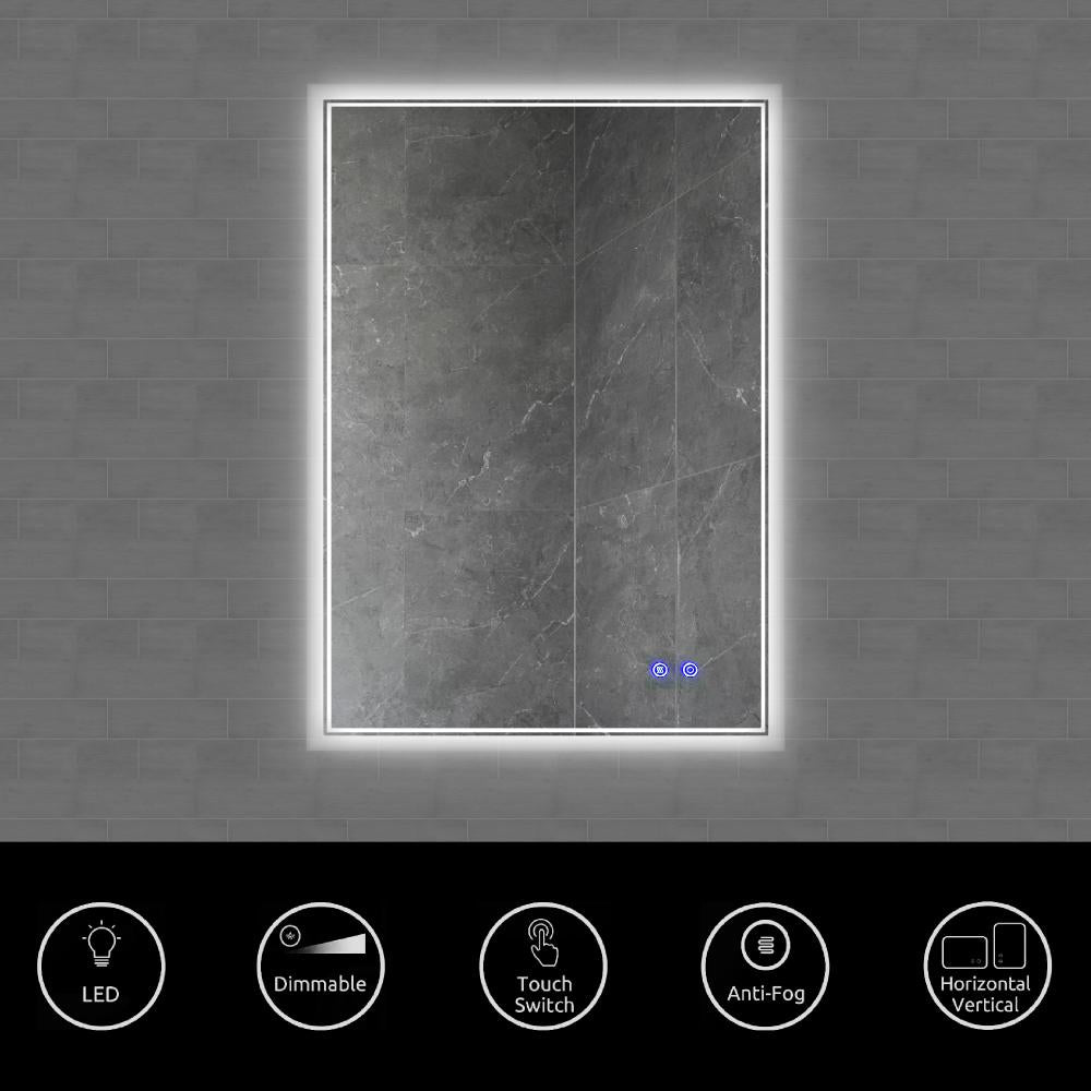 24 x 36 Inch Frameless LED Illuminated Bathroom Wall Mirror, Touch Button Defogger, Metal, Silver - UPT-266398