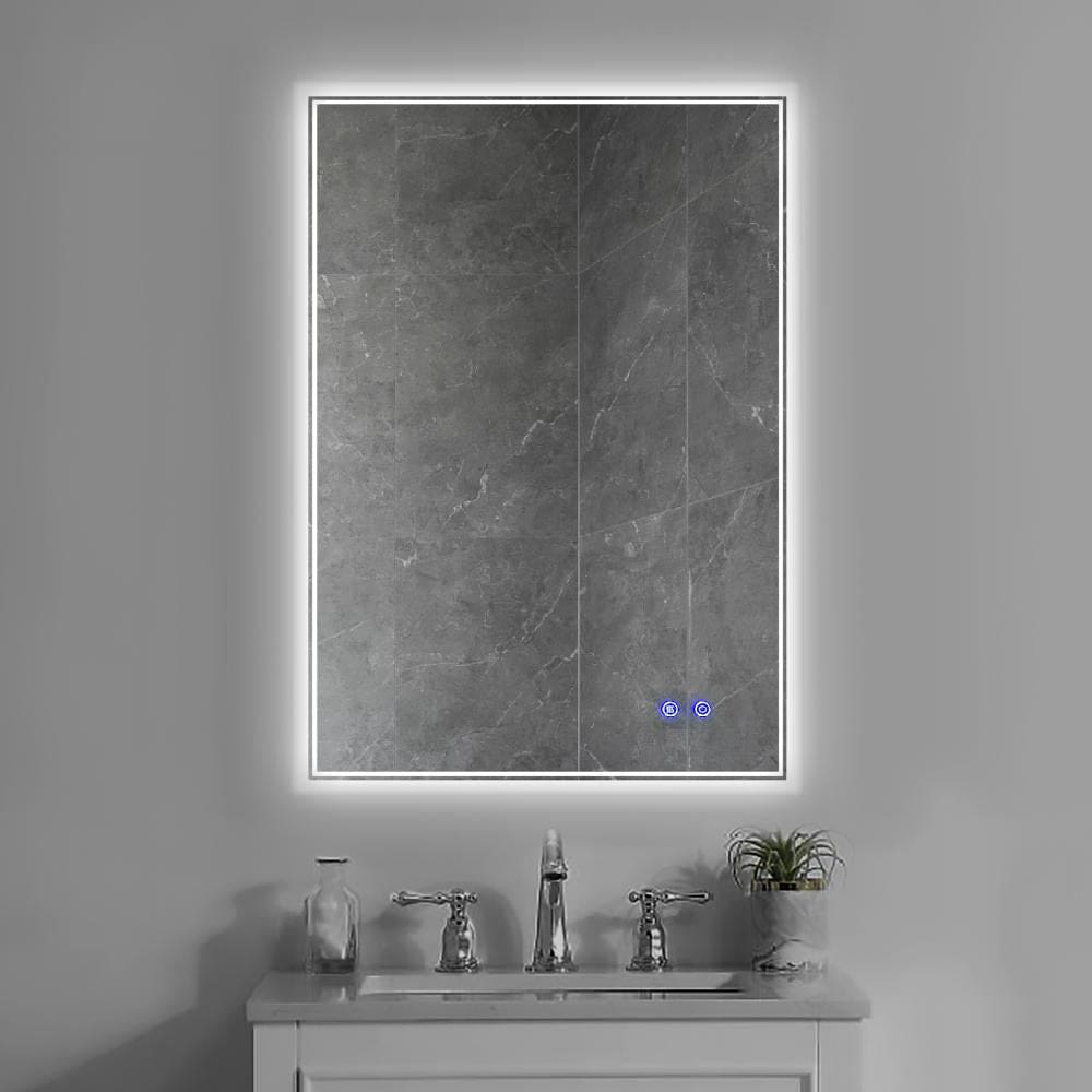 24 x 36 Inch Frameless LED Illuminated Bathroom Wall Mirror, Touch Button Defogger, Metal, Silver - UPT-266398