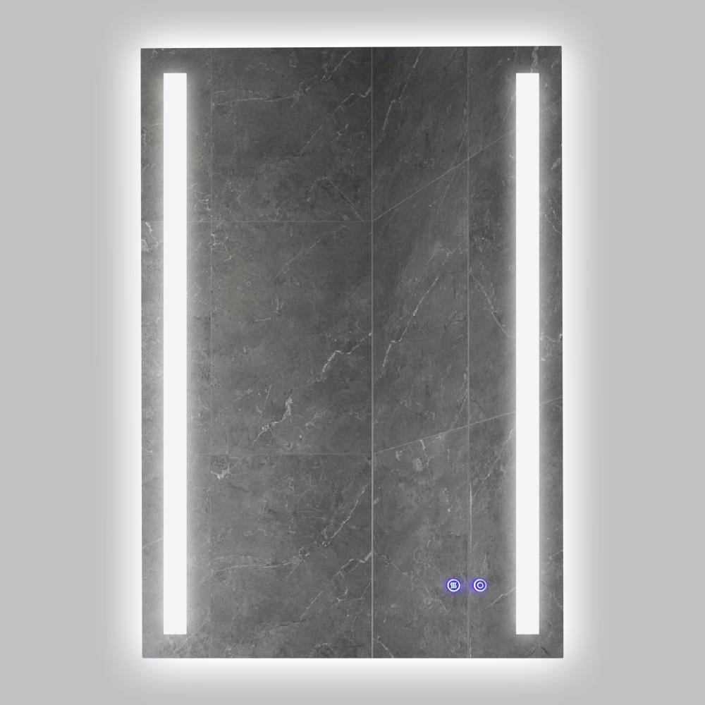 24 x 36 Inch Frameless LED Illuminated Bathroom Mirror, Touch Button Defogger, Metal, Vertical Stripes Design, Silver - UPT-266399