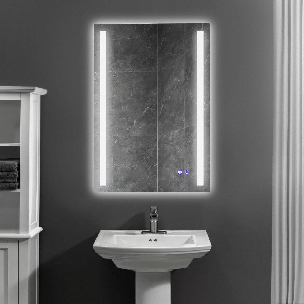 24 x 36 Inch Frameless LED Illuminated Bathroom Mirror, Touch Button Defogger, Metal, Vertical Stripes Design, Silver - UPT-266399