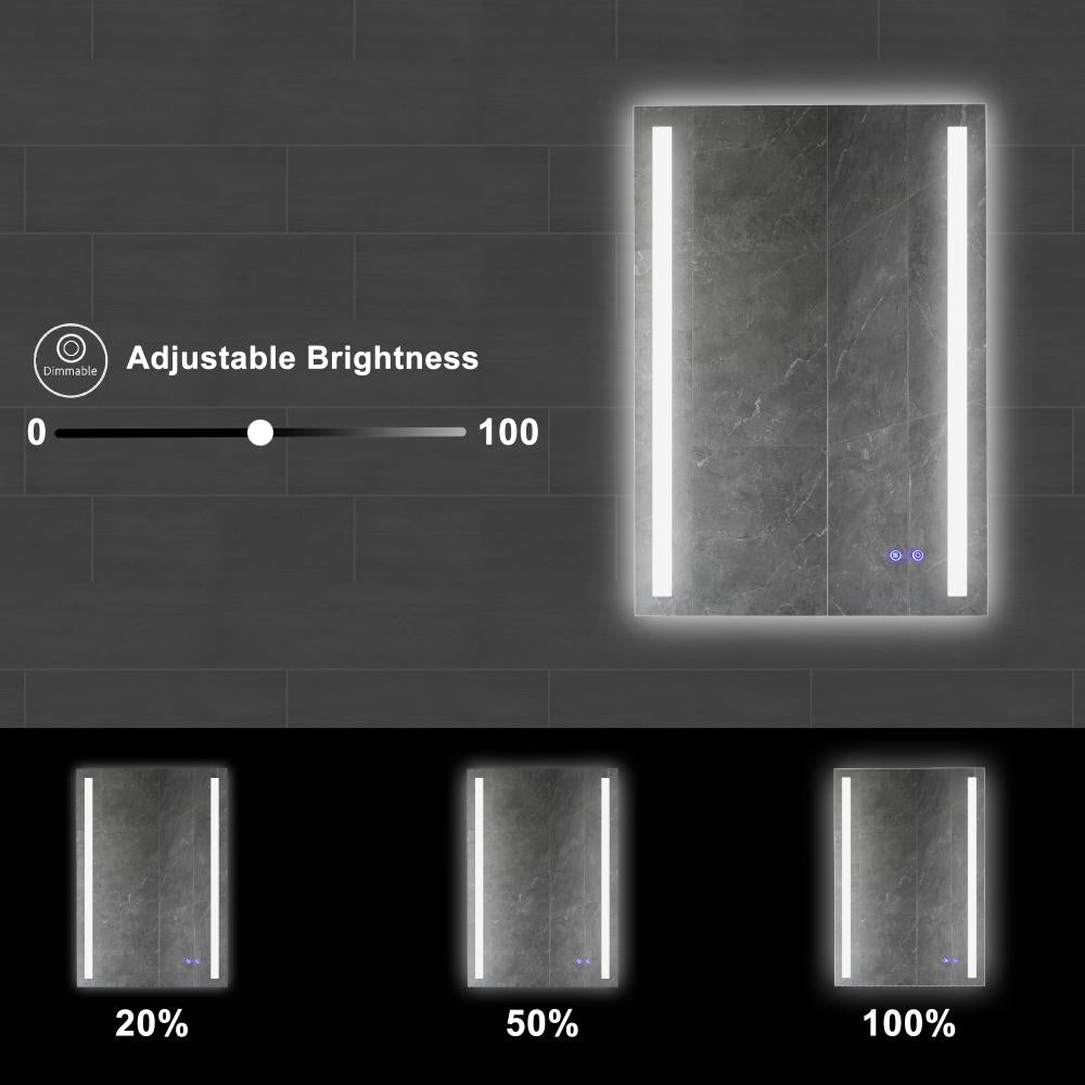 24 x 36 Inch Frameless LED Illuminated Bathroom Mirror, Touch Button Defogger, Metal, Vertical Stripes Design, Silver - UPT-266399