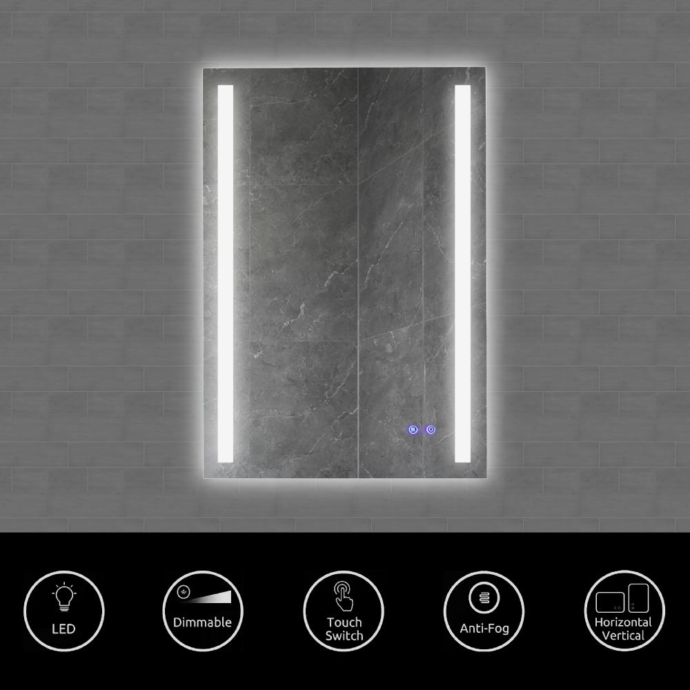 24 x 36 Inch Frameless LED Illuminated Bathroom Mirror, Touch Button Defogger, Metal, Vertical Stripes Design, Silver - UPT-266399