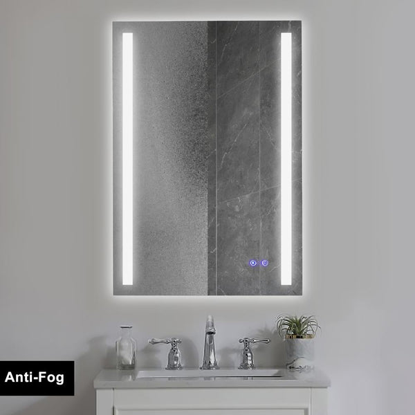 24 x 36 Inch Frameless LED Illuminated Bathroom Mirror, Touch Button Defogger, Metal, Vertical Stripes Design, Silver - UPT-266399