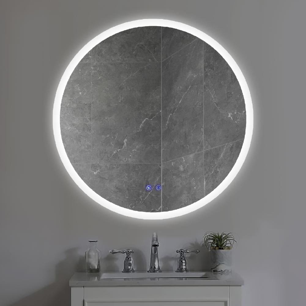 32 x 32 Inch Round Frameless LED Illuminated Bathroom Mirror, Touch Button Defogger, Metal, Silver - UPT-266400