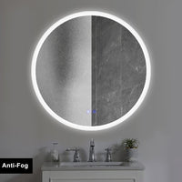 32 x 32 Inch Round Frameless LED Illuminated Bathroom Mirror, Touch Button Defogger, Metal, Silver - UPT-266400