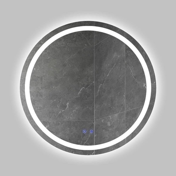 32 x 32 Inch Round Frameless LED Illuminated Bathroom Mirror, Touch Button Defogger, Metal, Frosted Edges, Silver - UPT-266401