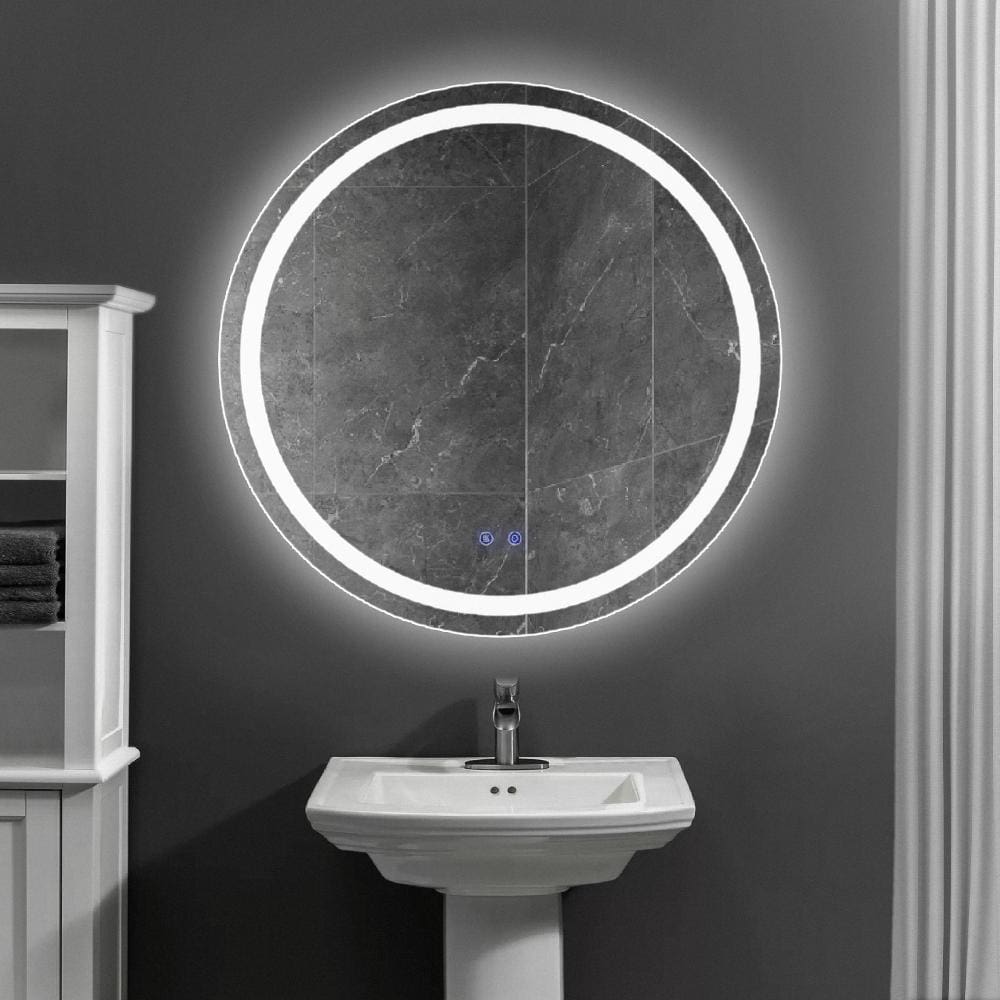 32 x 32 Inch Round Frameless LED Illuminated Bathroom Mirror, Touch Button Defogger, Metal, Frosted Edges, Silver - UPT-266401