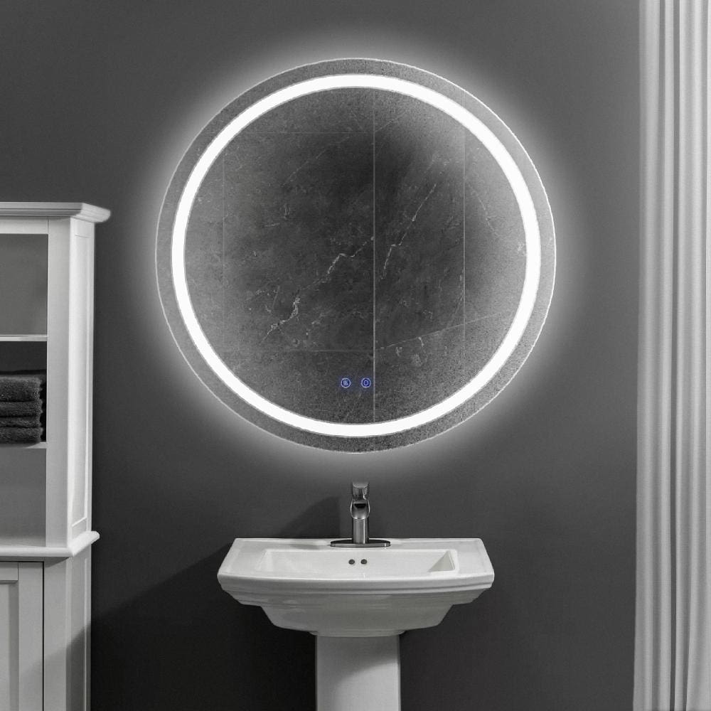 32 x 32 Inch Round Frameless LED Illuminated Bathroom Mirror, Touch Button Defogger, Metal, Frosted Edges, Silver - UPT-266401