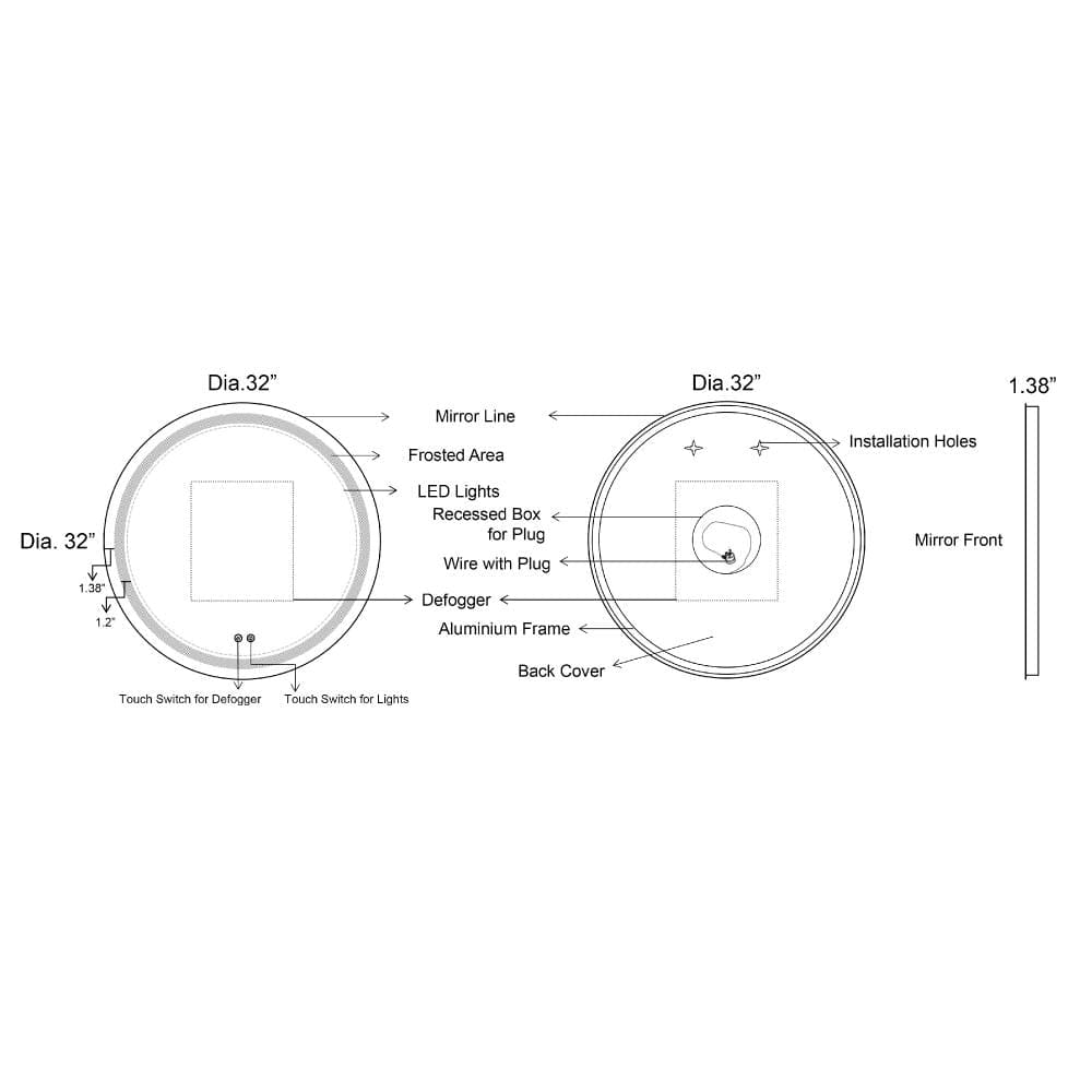 32 x 32 Inch Round Frameless LED Illuminated Bathroom Mirror, Touch Button Defogger, Metal, Frosted Edges, Silver - UPT-266401