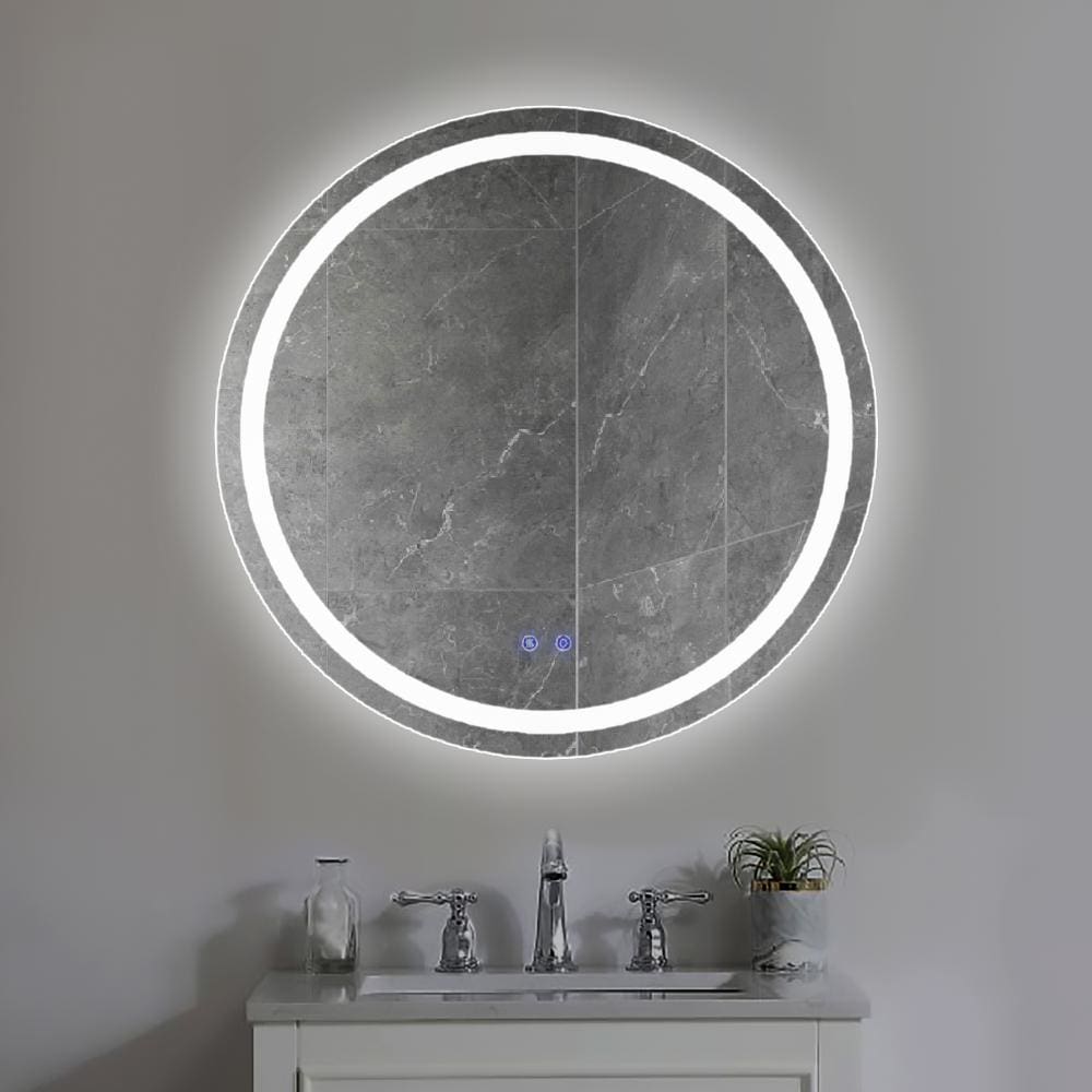 32 x 32 Inch Round Frameless LED Illuminated Bathroom Mirror, Touch Button Defogger, Metal, Frosted Edges, Silver - UPT-266401