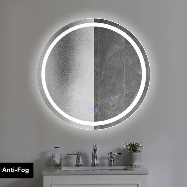 32 x 32 Inch Round Frameless LED Illuminated Bathroom Mirror, Touch Button Defogger, Metal, Frosted Edges, Silver - UPT-266401