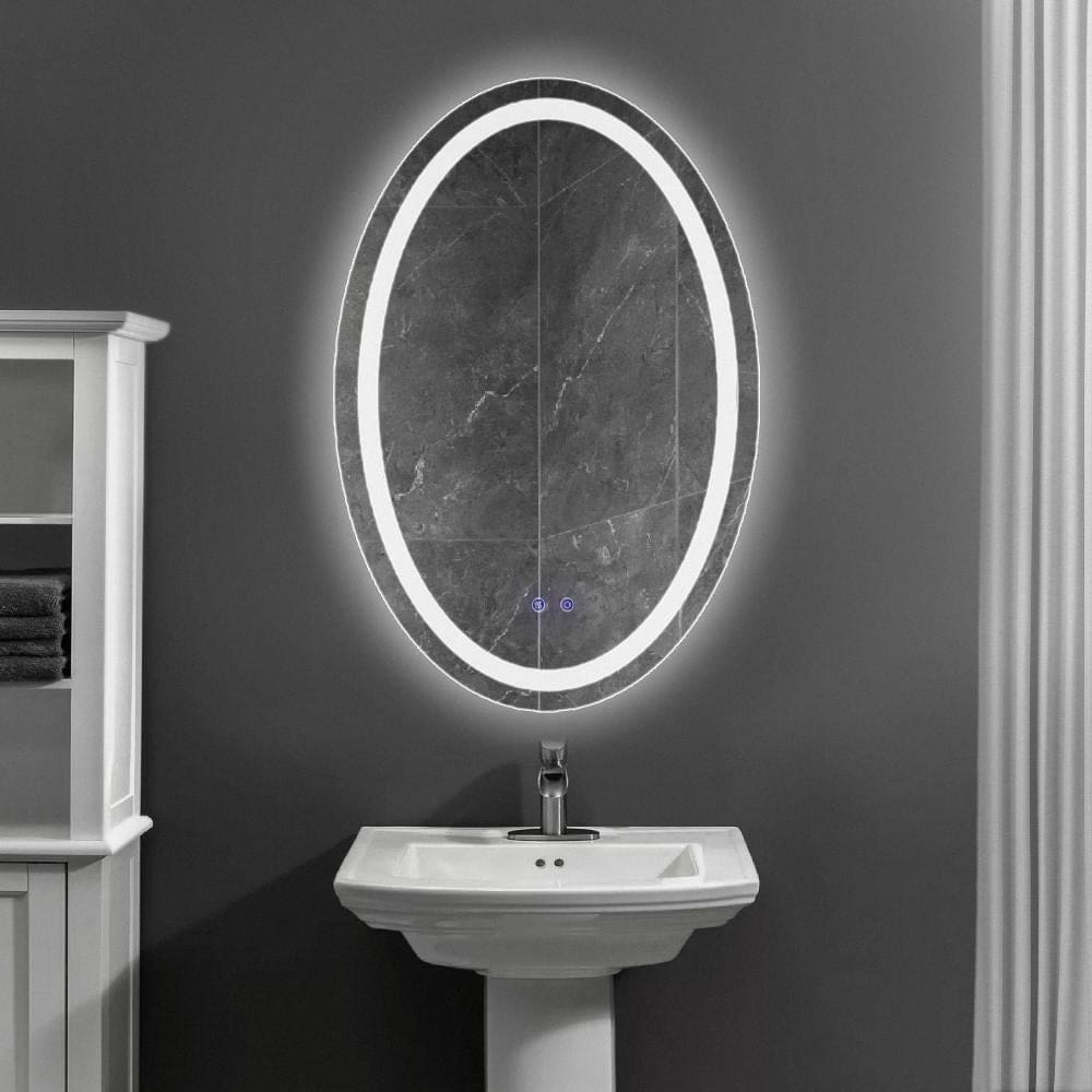 24 x 36 Inch Oval Frameless LED Illuminated Bathroom Mirror, Touch Button Defogger, Metal, Frosted Edge, Silver - UPT-266402