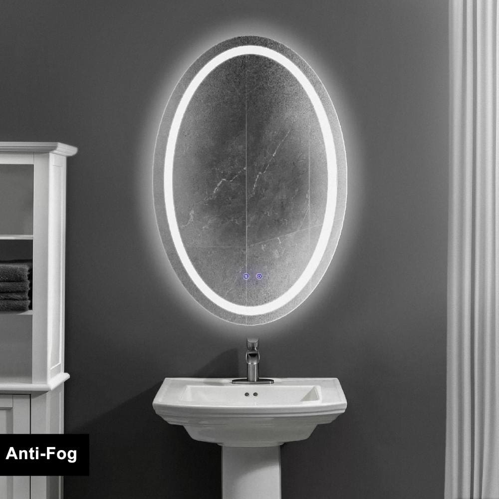 24 x 36 Inch Oval Frameless LED Illuminated Bathroom Mirror, Touch Button Defogger, Metal, Frosted Edge, Silver - UPT-266402