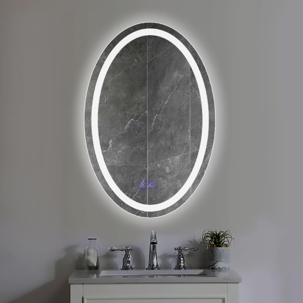 24 x 36 Inch Oval Frameless LED Illuminated Bathroom Mirror, Touch Button Defogger, Metal, Frosted Edge, Silver - UPT-266402