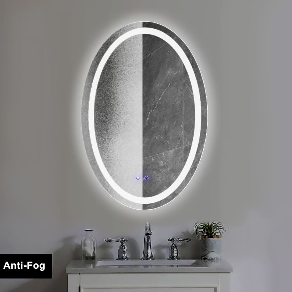 24 x 36 Inch Oval Frameless LED Illuminated Bathroom Mirror, Touch Button Defogger, Metal, Frosted Edge, Silver - UPT-266402