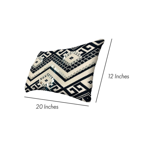 12 x 20 Rectangular Cotton Accent Lumbar Pillows, Aztec Pattern, Set of 2, White, Black - UPT-268956