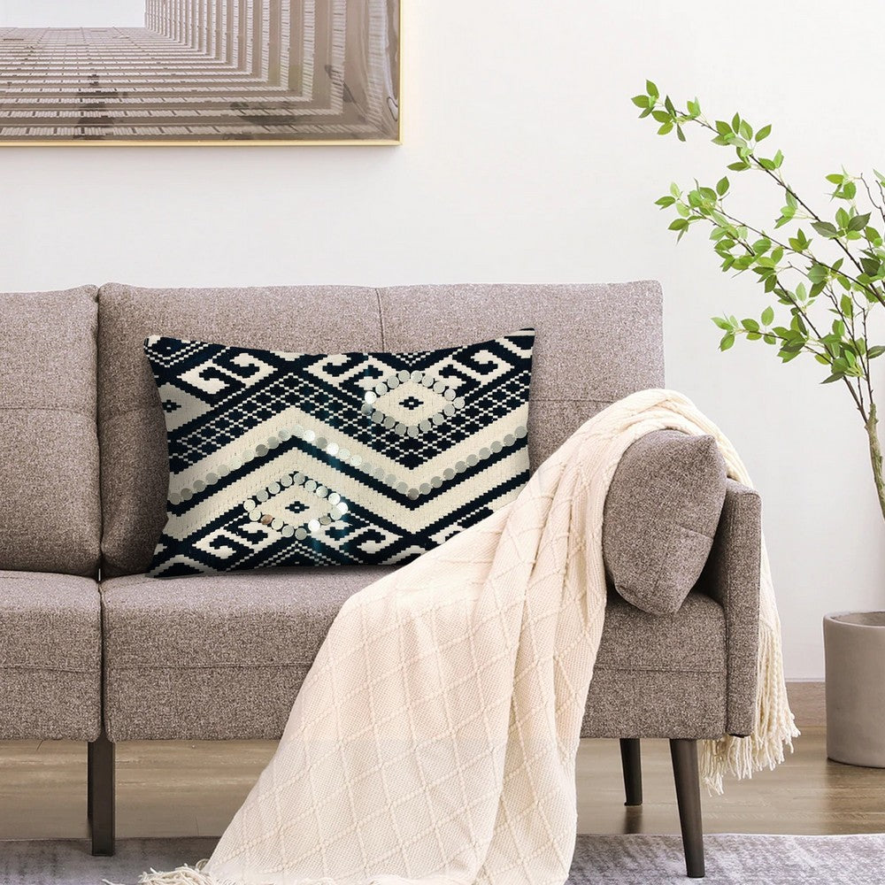 The Urban Port 12 x 20 Rectangular Cotton Accent Lumbar Pillows Aztec Pattern Set of 2 White Black UPT 268956 Benzara