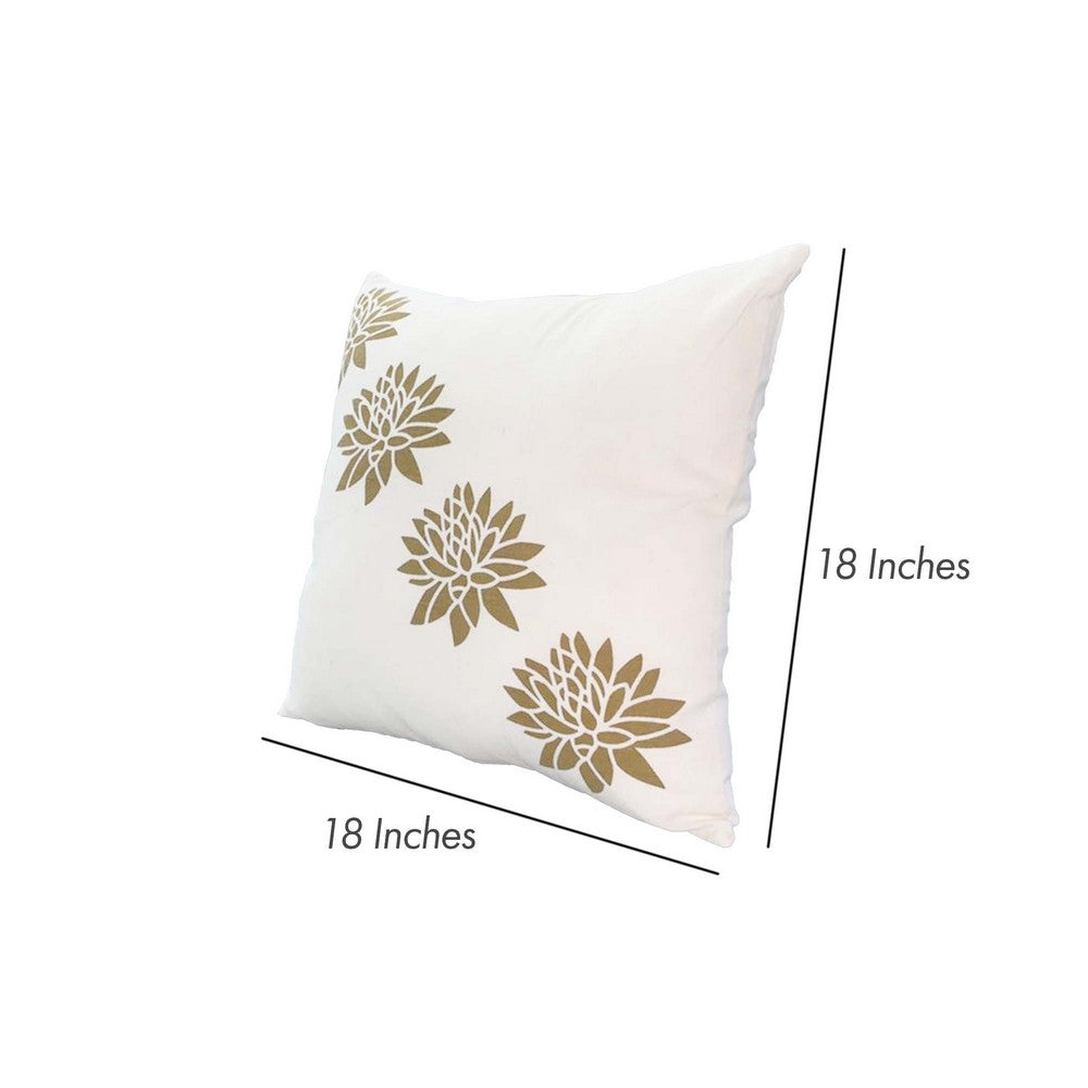 18 x 18 Square Accent Pillows, Soft Cotton Cover, Printed Lotus Flower, Set of 2, Gold, White - UPT-268971