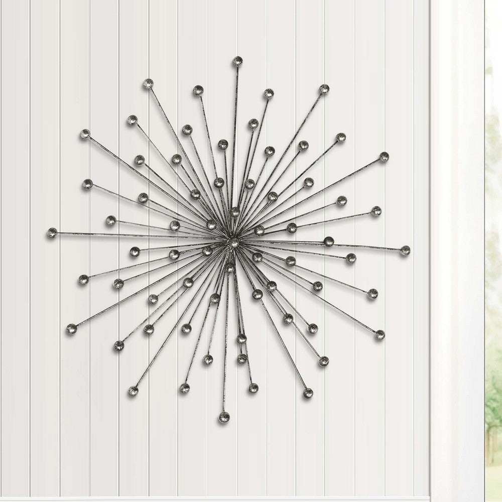 28 Inch Round Iron Sunburst Wall Decor, Spokes, Ball Accent, Silver - UPT-270547