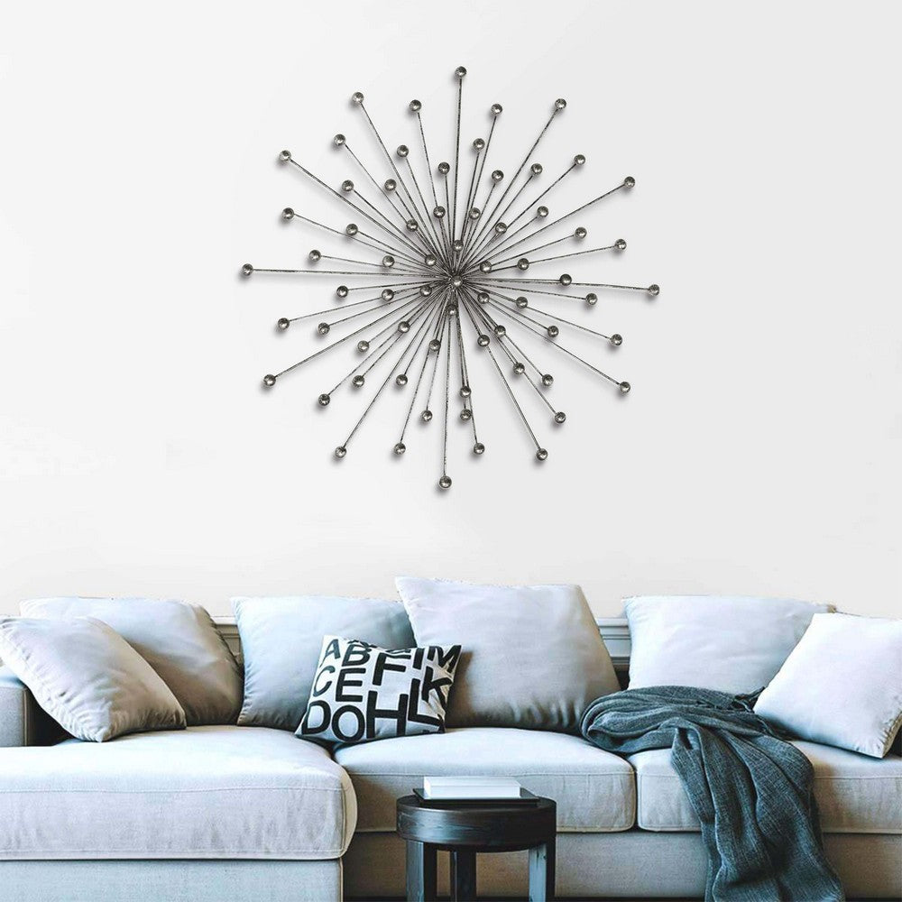 28 Inch Round Iron Sunburst Wall Decor, Spokes, Ball Accent, Silver - UPT-270547