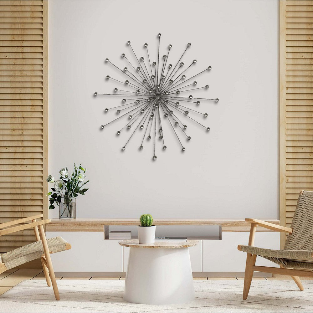 28 Inch Round Iron Sunburst Wall Decor, Spokes, Ball Accent, Silver - UPT-270547