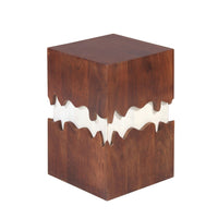 Allen 21 Inch Modern 2 Tone Acacia Wood Side End Table, Block Pedestal, Abstract Design, Walnut, White - UPT-270550