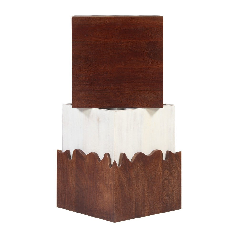 Allen 21 Inch Modern 2 Tone Acacia Wood Side End Table, Block Pedestal, Abstract Design, Walnut, White - UPT-270550