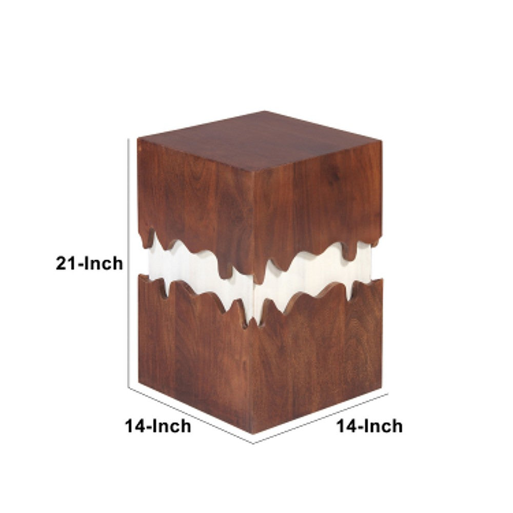 Allen 21 Inch Modern 2 Tone Acacia Wood Side End Table, Block Pedestal, Abstract Design, Walnut, White - UPT-270550