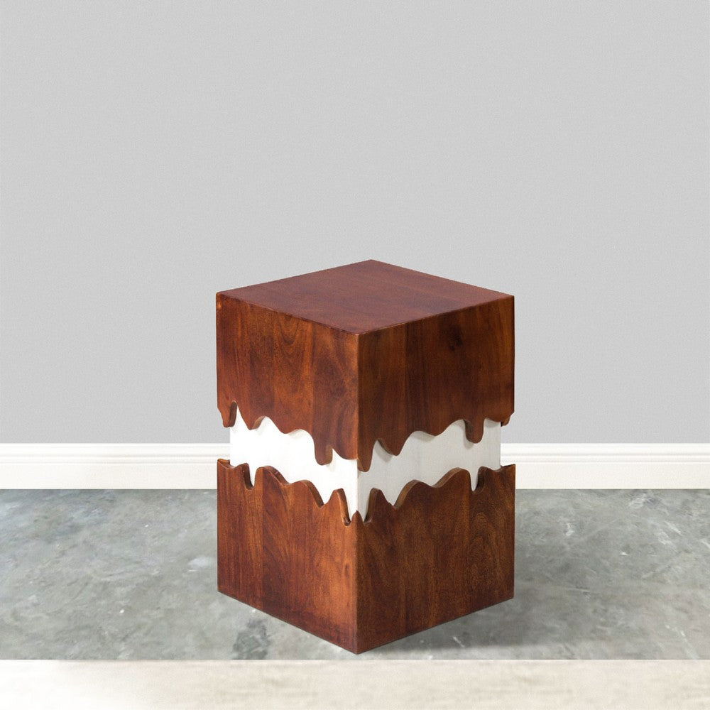 Allen 21 Inch Modern 2 Tone Acacia Wood Side End Table, Block Pedestal, Abstract Design, Walnut, White - UPT-270550