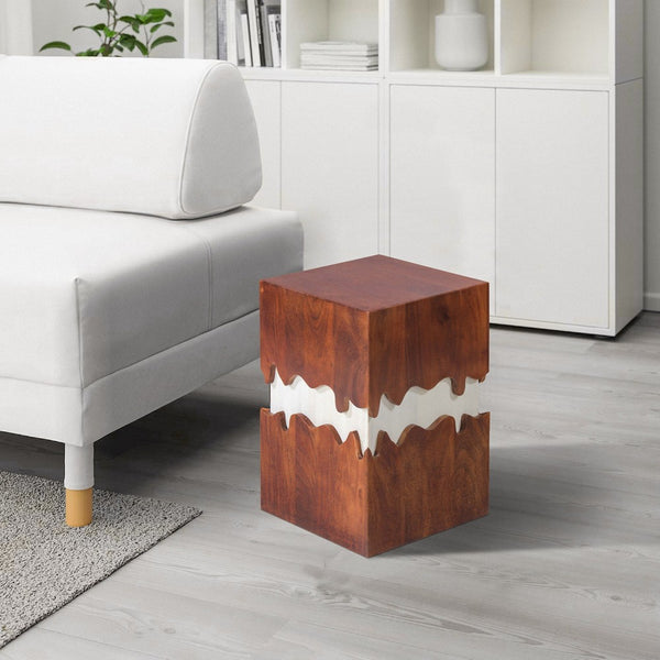 Allen 21 Inch Modern 2 Tone Acacia Wood Side End Table, Block Pedestal, Abstract Design, Walnut, White - UPT-270550