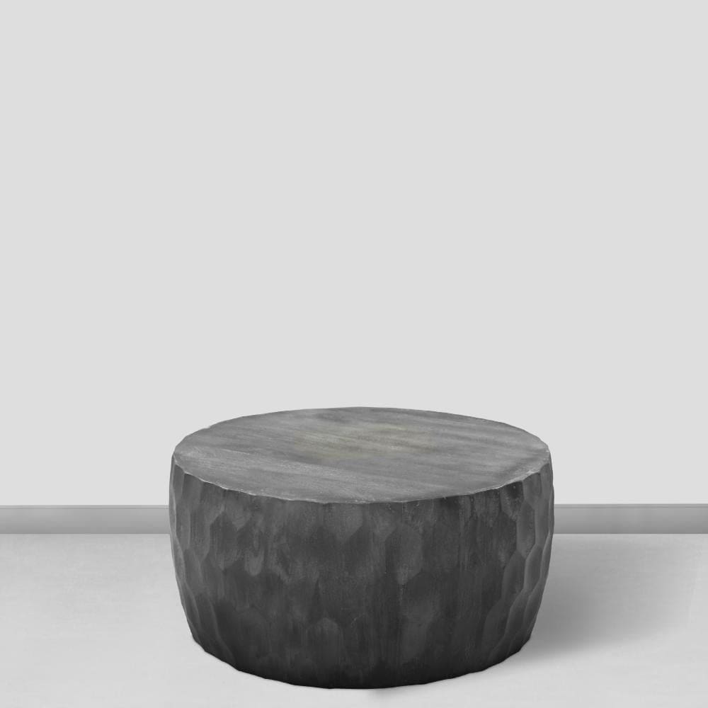 33 Inch Wooden Round Drum Coffee Table with Geometric Carved Pattern, Gray - UPT-270557