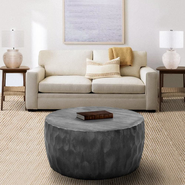 33 Inch Wooden Round Drum Coffee Table with Geometric Carved Pattern, Gray - UPT-270557