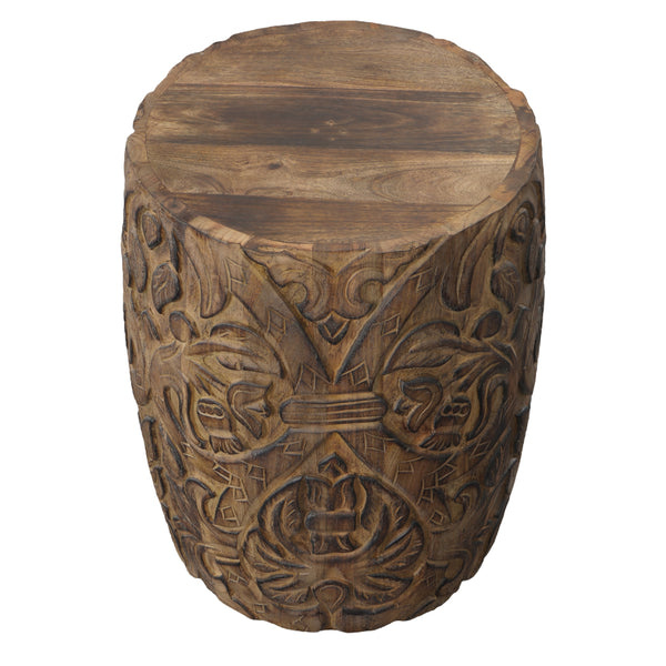 14 Inch Round End Table with Damask Carved Pattern and Wooden Frame, Walnut Brown - UPT-270559