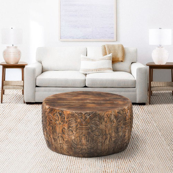 33 Inch Round Coffee Table with Damask Carved Pattern and Wooden Frame, Walnut Brown - UPT-270560