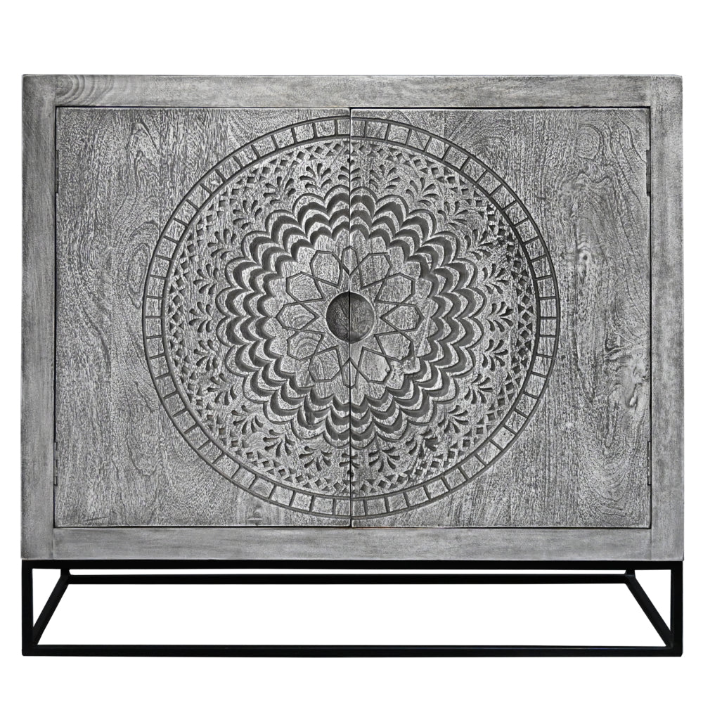 Zera 39 Inch Handcrafted Accent Cabinet with 2 Doors, Medallion Engraved, Sandblasted Gray Mango Wood, Black Iron Framed Stand- UPT-271294