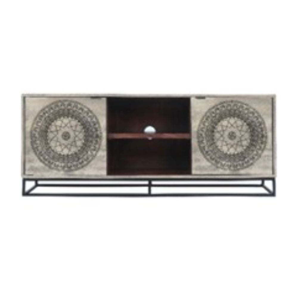 63 Inch Handcrafted TV Media Entertainment Console, 2 Medallion Engraved Doors, Sandblasted Gray Mango Wood, Black Iron Stand - UPT-271295