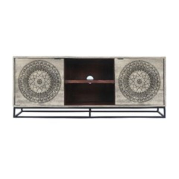 63 Inch Handcrafted TV Media Entertainment Console, 2 Medallion Engraved Doors, Sandblasted Gray Mango Wood, Black Iron Stand - UPT-271295