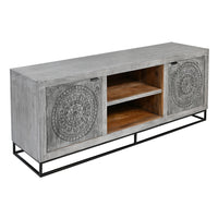 63 Inch Handcrafted TV Media Entertainment Console, 2 Medallion Engraved Doors, Sandblasted Gray Mango Wood, Black Iron Stand - UPT-271295