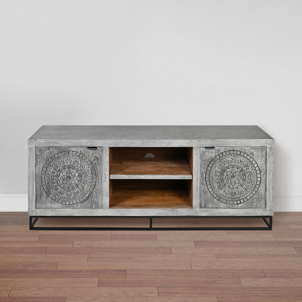 63 Inch Handcrafted TV Media Entertainment Console, 2 Medallion Engraved Doors, Sandblasted Gray Mango Wood, Black Iron Stand - UPT-271295