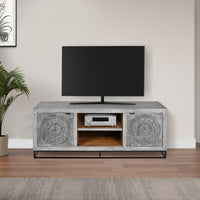 63 Inch Handcrafted TV Media Entertainment Console, 2 Medallion Engraved Doors, Sandblasted Gray Mango Wood, Black Iron Stand - UPT-271295