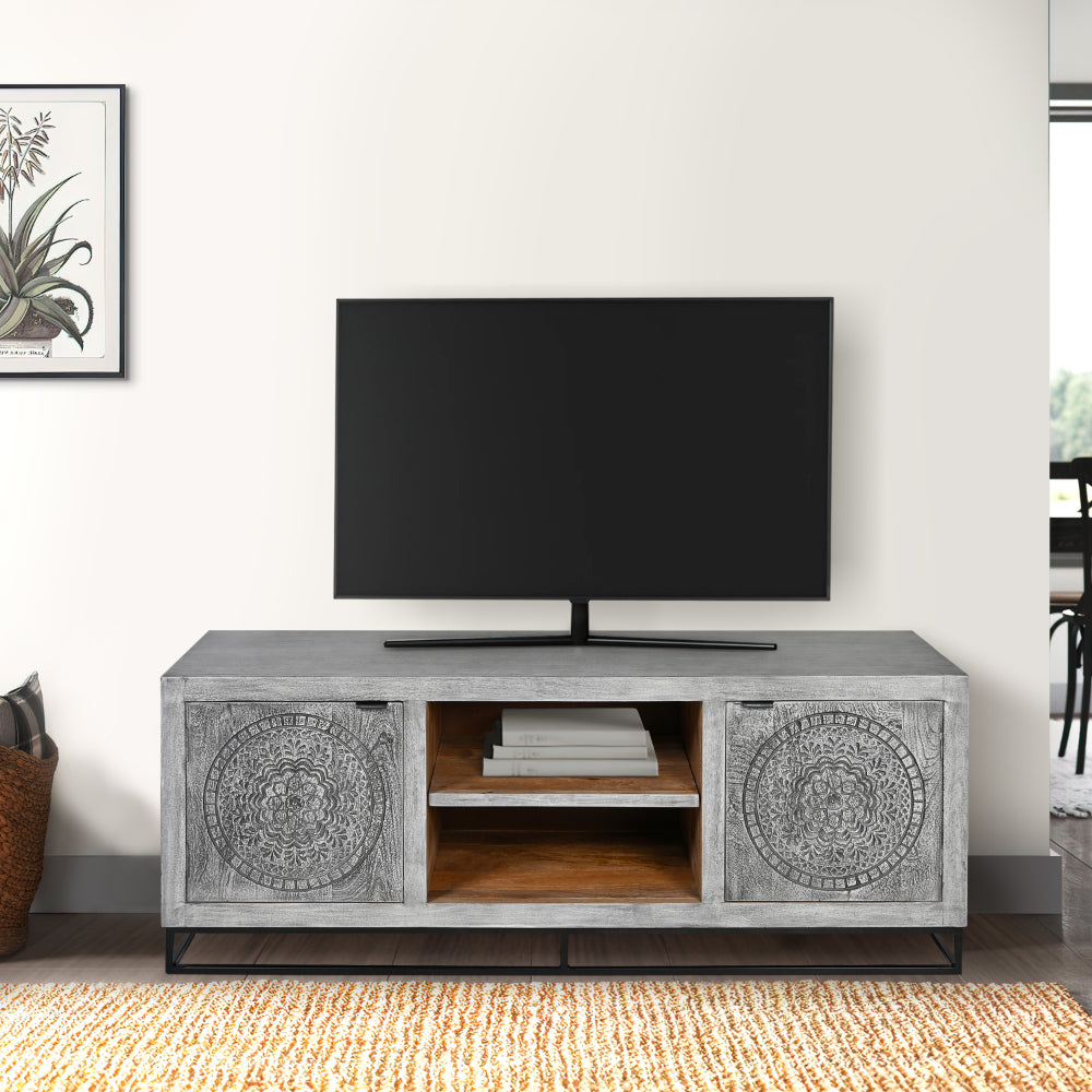 63 Inch Handcrafted TV Media Entertainment Console, 2 Medallion Engraved Doors, Sandblasted Gray Mango Wood, Black Iron Stand - UPT-271295