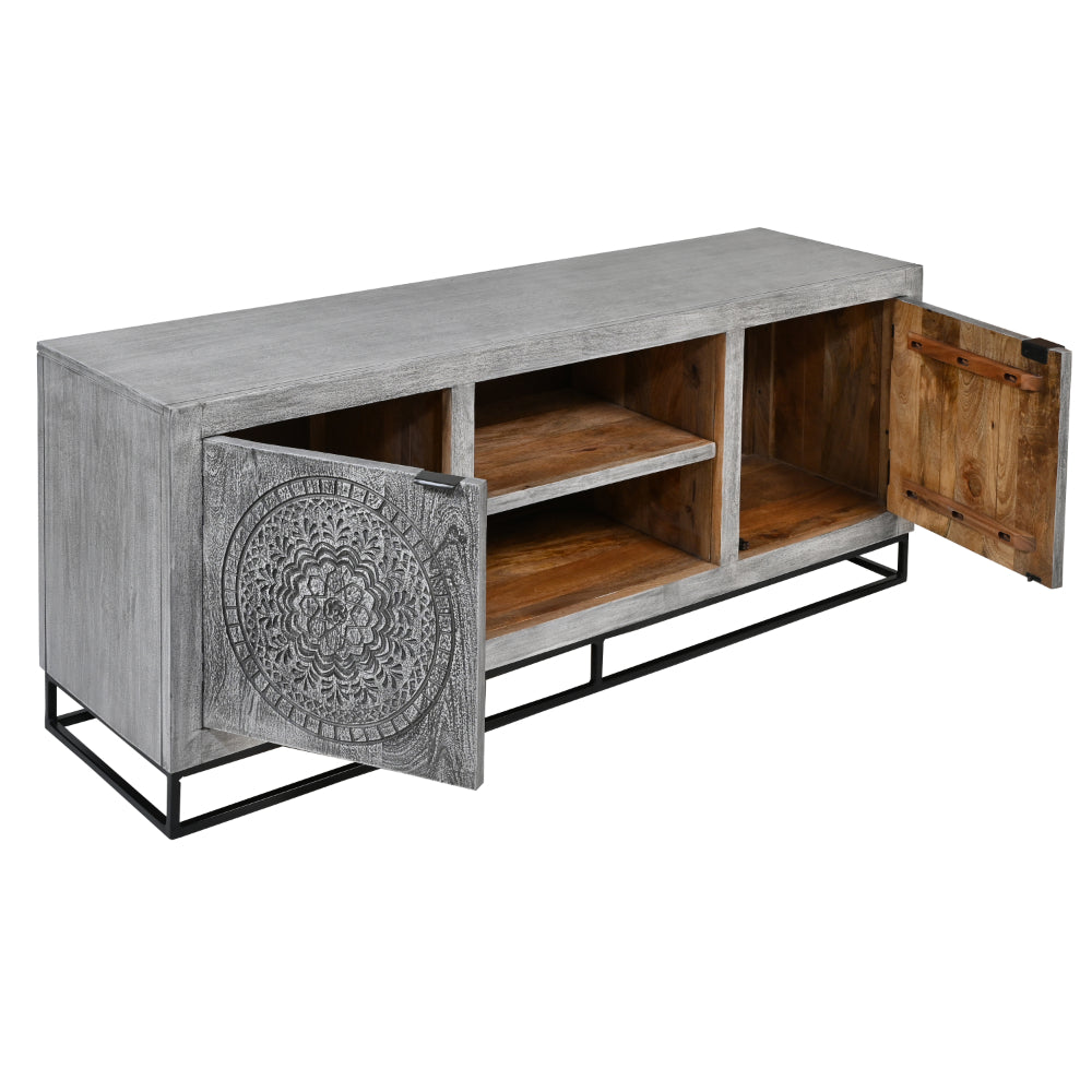 63 Inch Handcrafted TV Media Entertainment Console, 2 Medallion Engraved Doors, Sandblasted Gray Mango Wood, Black Iron Stand - UPT-271295